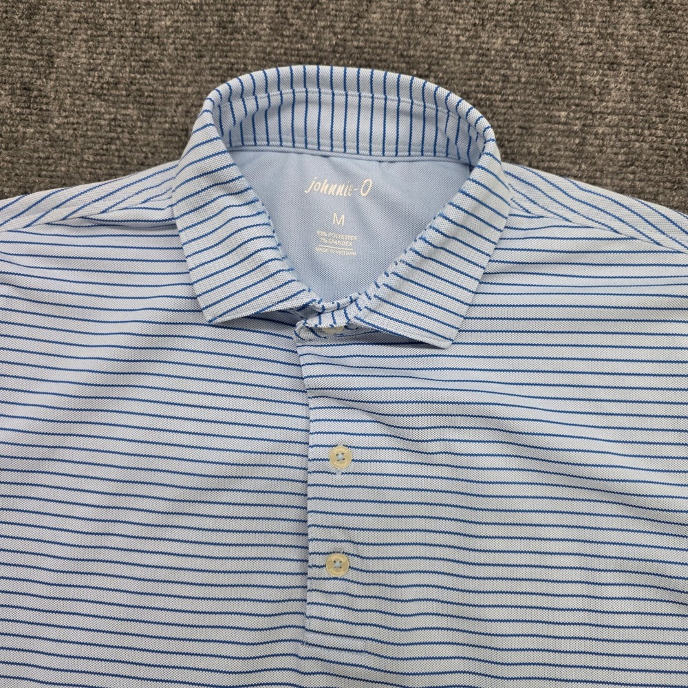 Johnnie-O Mens Medium Blue Striped Short Sleeve Performance Polo Shirt RN 121927